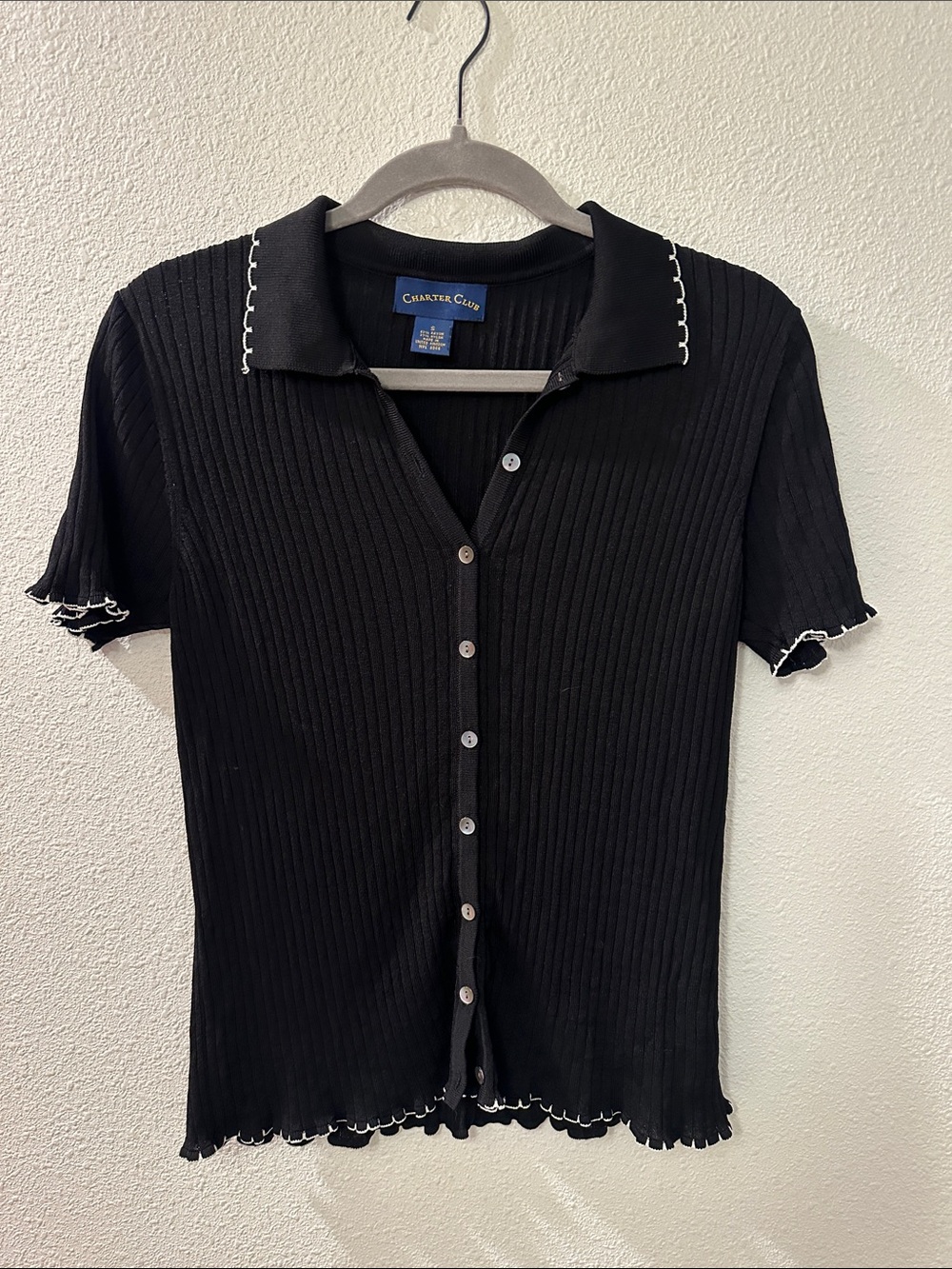 Charter Club Black Ribbed Button-Down Polo Top with White Trim